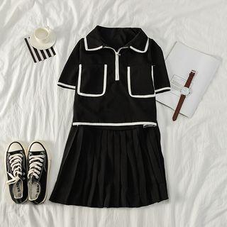 Contrast Trim Short-sleeve Cropped Top / Pleated Mini Skirt