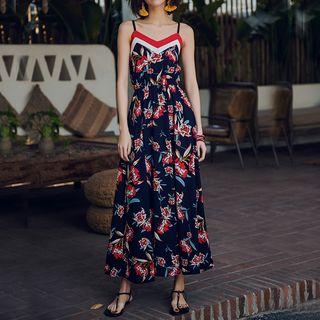 Flower Print Spaghetti Strap A-line Midi Dress