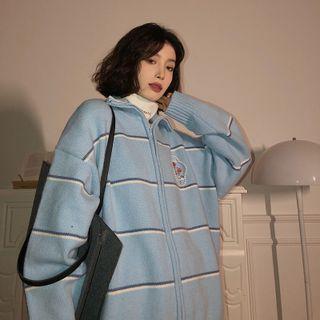 Stand Collar Striped Zip-up Cardigan