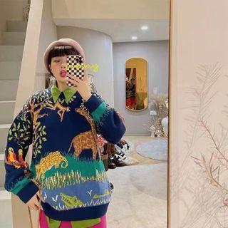 Animal Jacquard Long-sleeve Knit Sweater Blue - One Size
