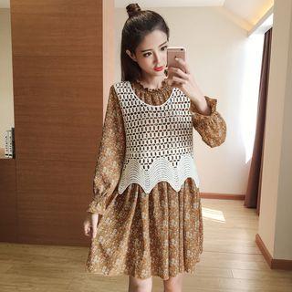Set: Crochet Vest + Long-sleeve Floral Dress