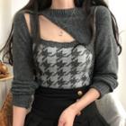 Set: Houndstooth Knit Camisole Top + Crop Sweater
