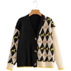Contrast Color Jacquard Knit Cardigan 7236 - Black & Off White - One Size