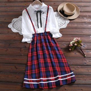 Bell-sleeve Plaid Panel Midi A-line Dress