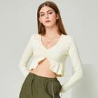 Eco-friendly Long-sleeve Ruched Ruffled Curved-hem Crop Top