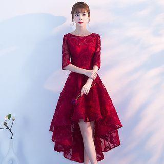 Elbow-sleeve Lace Dip-back A-line Cocktail Dress