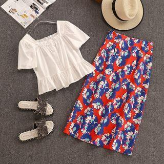 Set: Square-neck Short-sleeve Blouse + Flower Print Midi Straight-fit Skirt