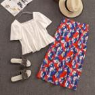 Set: Square-neck Short-sleeve Blouse + Flower Print Midi Straight-fit Skirt