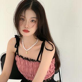 Shirred Lace Sleeveless Top As Figure - One Size