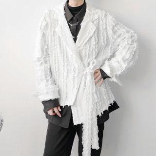 Plain Tie-waist Fringed Blazer