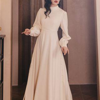 Long-sleeve Lace Panel Beaded Maxi A-line Dress