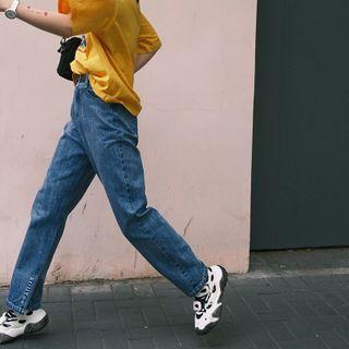 Lettering High-waist Straight-cut Jeans