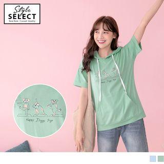 Short-sleeve Dog Print Hooded Top