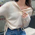 Drawstring Cut-out Long-sleeve Hooded Knit Top Almond - One Size