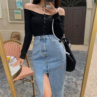 Cold Shoulder Long-sleeve Top / Denim Midi A-line Skirt