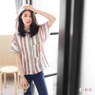 Short Sleeve Pocketed Stripe Blouse