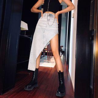 High-waist Asymmetric Hem Denim Skirt