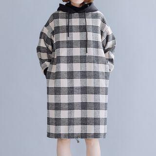 Plaid Long-sleeve Shift Dress Plaid - Black & White - One Size