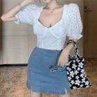 Lace Puff-sleeve Cropped Top / Denim Skirt