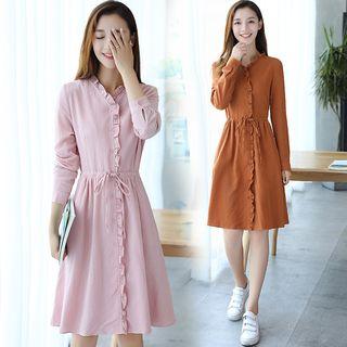 Long-sleeved Tie-waist V Neck Plain Sheath Dress