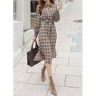Flap Plaid Long Shirtdress With Sash Brown - One Size