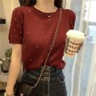 Crew-neck Short-sleeve Knit Top Red - One Size