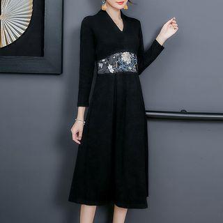 Elbow-sleeve Floral Embroidered A-line Dress