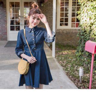Fold-up Sleeve Buttoned Denim Skater Dress
