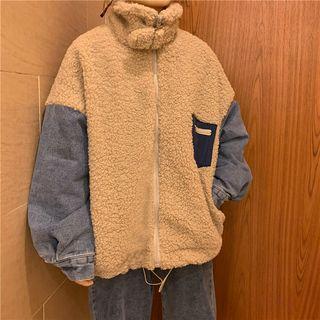 Denim Panel Faux Shearling Oversize Jacket