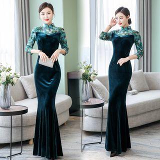 Floral Print 3/4-sleeve Mermaid Evening Gown