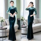 Floral Print 3/4-sleeve Mermaid Evening Gown