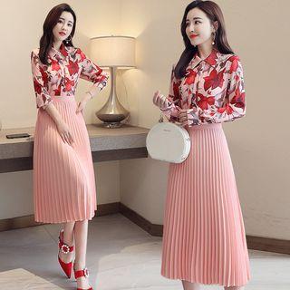Set: Long-sleeve Floral Blouse + Midi Accordion Pleat A-line Skirt