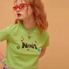 Short-sleeve Lettering Cropped T-shirt Green - One Size