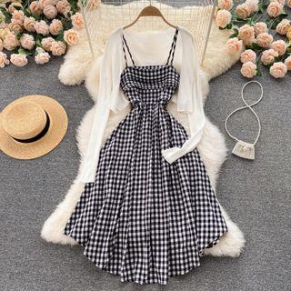 Set Of 2 : Knit Long-sleeve Cardigan + Plaid Asymmetrical Hem Spaghetti-strap Dress