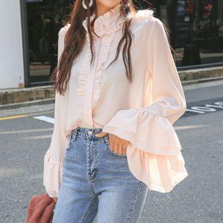 Frilled Mandarin-collar Ruffle-cuff Chiffon Blouse