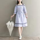 Striped Elbow-sleeve Cold Shoulder Dress With Sash