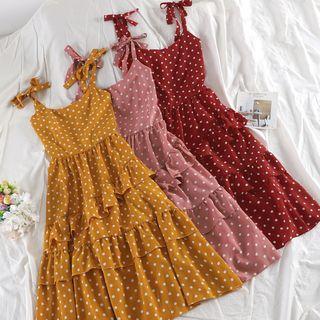 Dotted Strappy Tiered A-line Dress