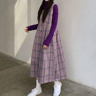 Long-sleeve Turtleneck T-shirt / Plaid Midi A-line Pinafore Dress