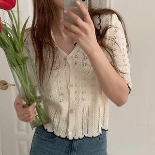 Short-sleeve Pointelle Knit Top Beige - One Size