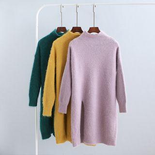Mock-neck Slit-front Long Sweater