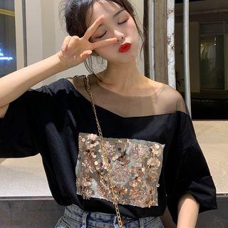Elbow-sleeve Sequin Mesh Panel T-shirt Black - One Size