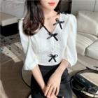 Elbow Sleeve V-neck Bow Accent Blouse