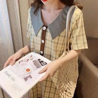 Short-sleeve Plaid Shift Dress