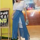 Set: Short-sleeve T-shirt + Ripped Midi Denim Skirt T-shirt & Bottom - One Size