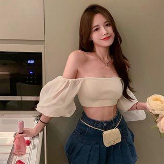 Puff-sleeve Off-shoulder Crop Top White - One Size