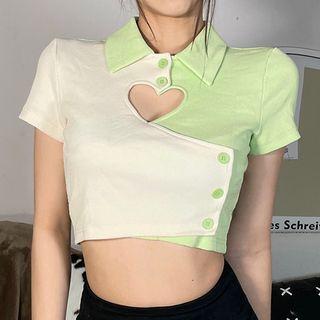 Short-sleeve Heart Cutout Crop Polo Shirt
