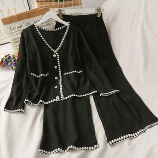 Set: Contrasted Button-down Knit Top + Wide-leg Pants