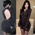 Long-sleeve Open-back Button-up Knit Mini Bodycon Dress Dark Gray - One Size