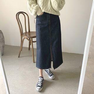 Stitched Slit-side Denim Midi Skirt