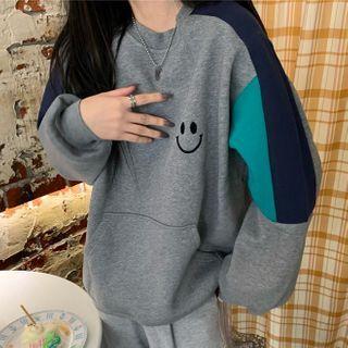 Smiley Face Print Color Block Sweatshirt Gray - One Size